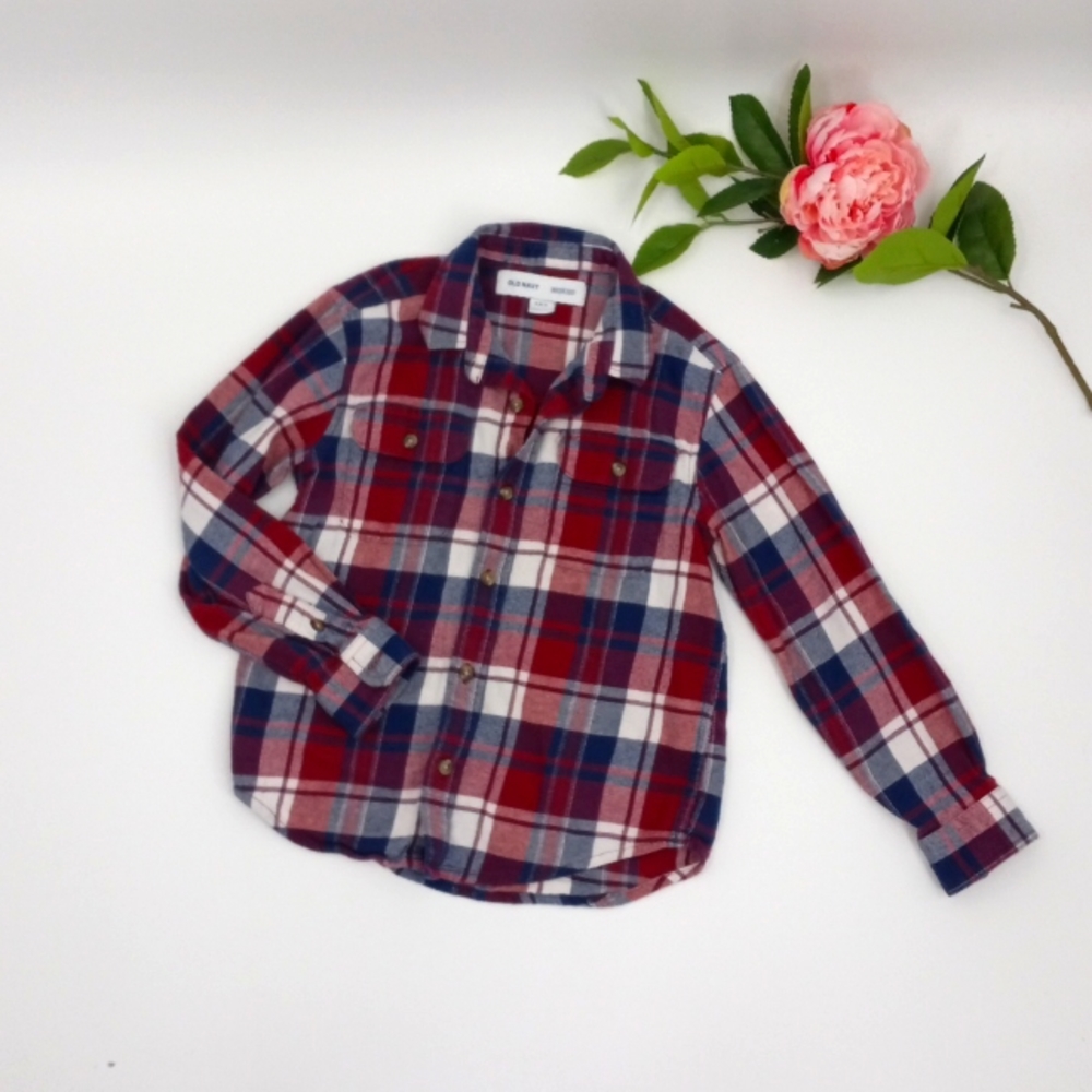 💙 OLD NAVY Boy's Cozy Red, Navy, White Plaid Flannel Button Down Shirt S 6 - 7